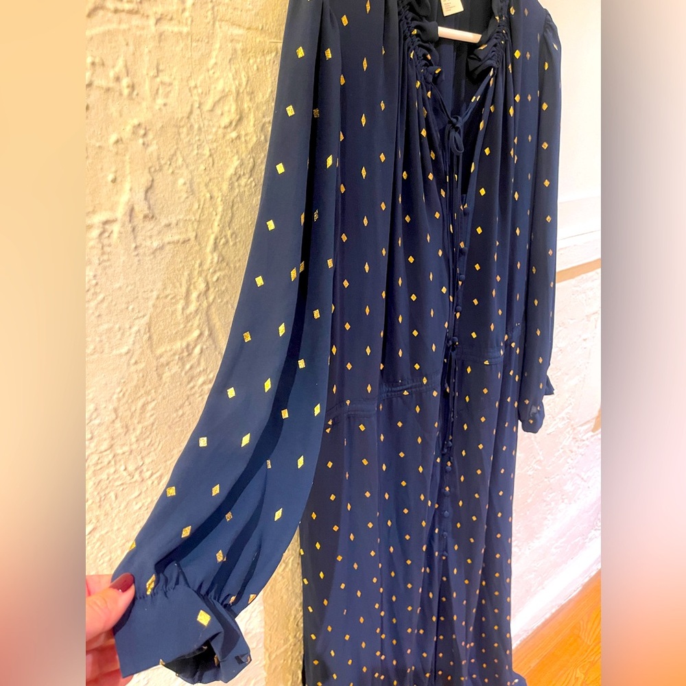 H+M Blue Dress long with gold triangles. Size 14